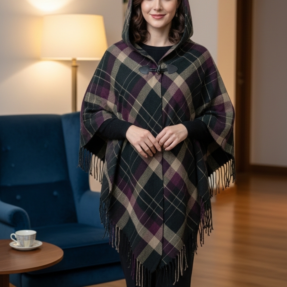 Cracker Barrel Plaid Hooded Poncho - Black, Purple, and Tan